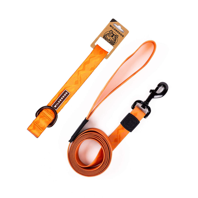 A terracotta waterproof leash and collar bundle with a padded handle, black metal clip, and zigzag pattern is shown coiled beside packaging featuring a wolf logo and the brand name "WLDK9DOG.